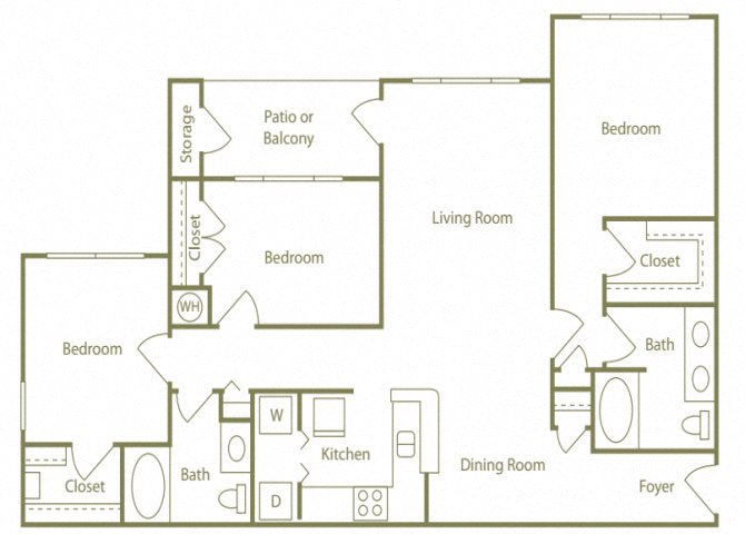 Floor plan for 3 beds, 2 baths, 1397 sqft